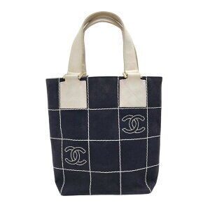CHANEL Chocobar Coco Mark Tote Bag Canvas Black Ivory White